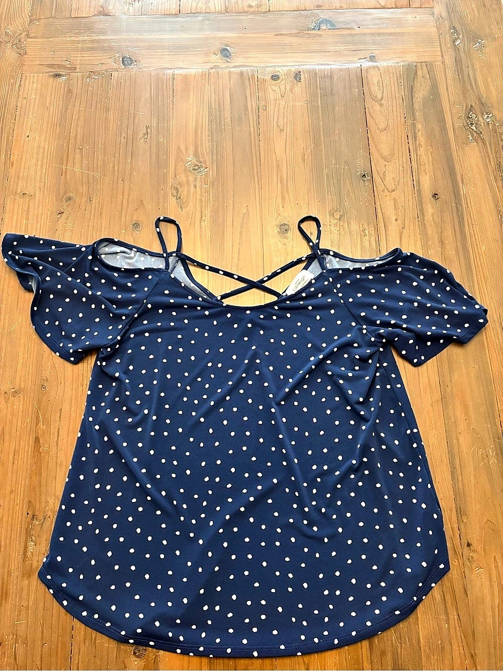 Kaileigh Navy Blue Polka Dot Cold Shoulder Crisscross Top - Size Large